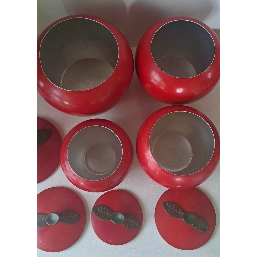 Vtg Red Apple 4-Pc Aluminum Metal Cannister Set MCM Kitchen - Picture 2 of 10